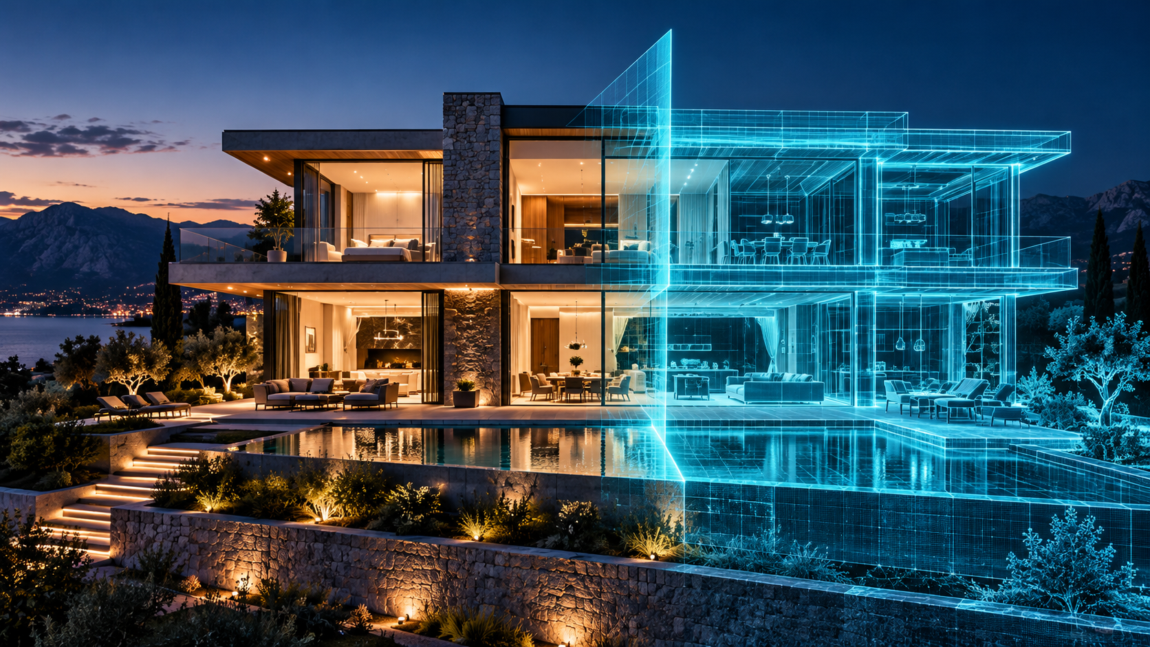 Concept artwork of a luxury home with cyan property scanning visualization